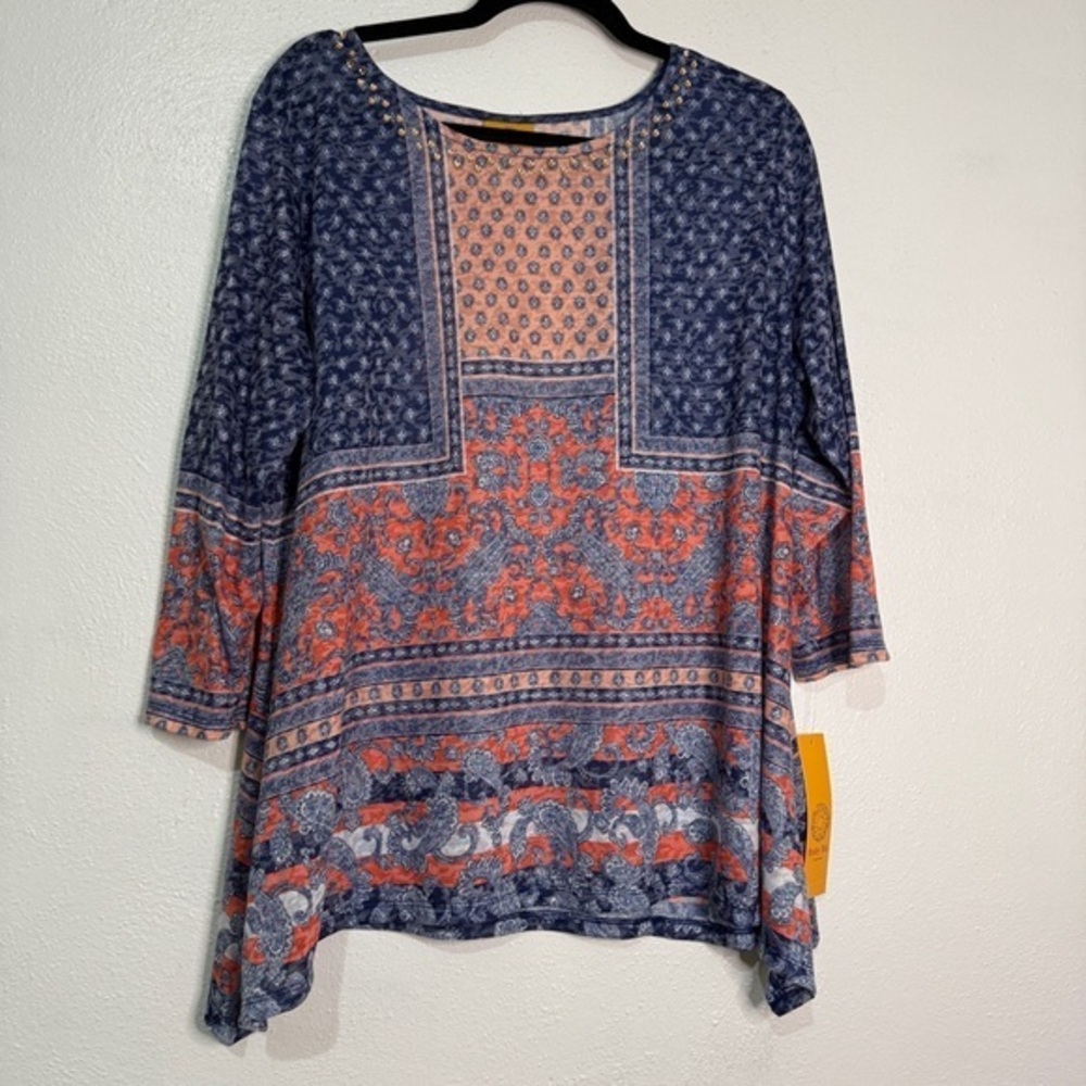 Ruby Rd. Navy and Coral Print Long Sleeve Tunic. Sz XL. NWT.